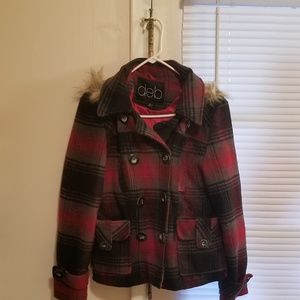 Black, gray, and red coat